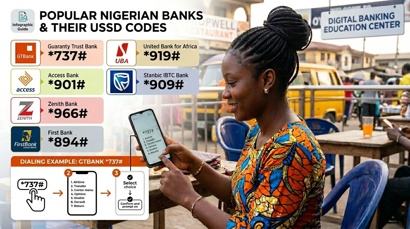 Nigerian bank USSD codes infographic showing banking transfer codes