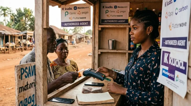 POS Business operator helping customers in rural Nigeria