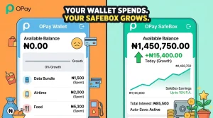OPay SafeBox savings feature showing interest growth on OPay app Nigeria.
