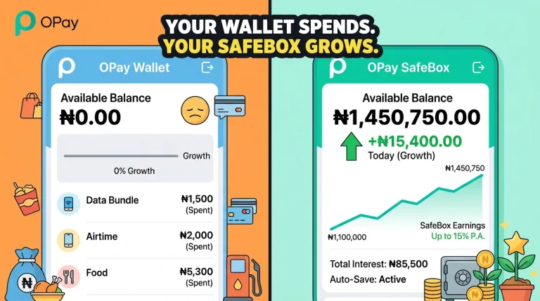OPay SafeBox savings feature showing interest growth on OPay app Nigeria.
