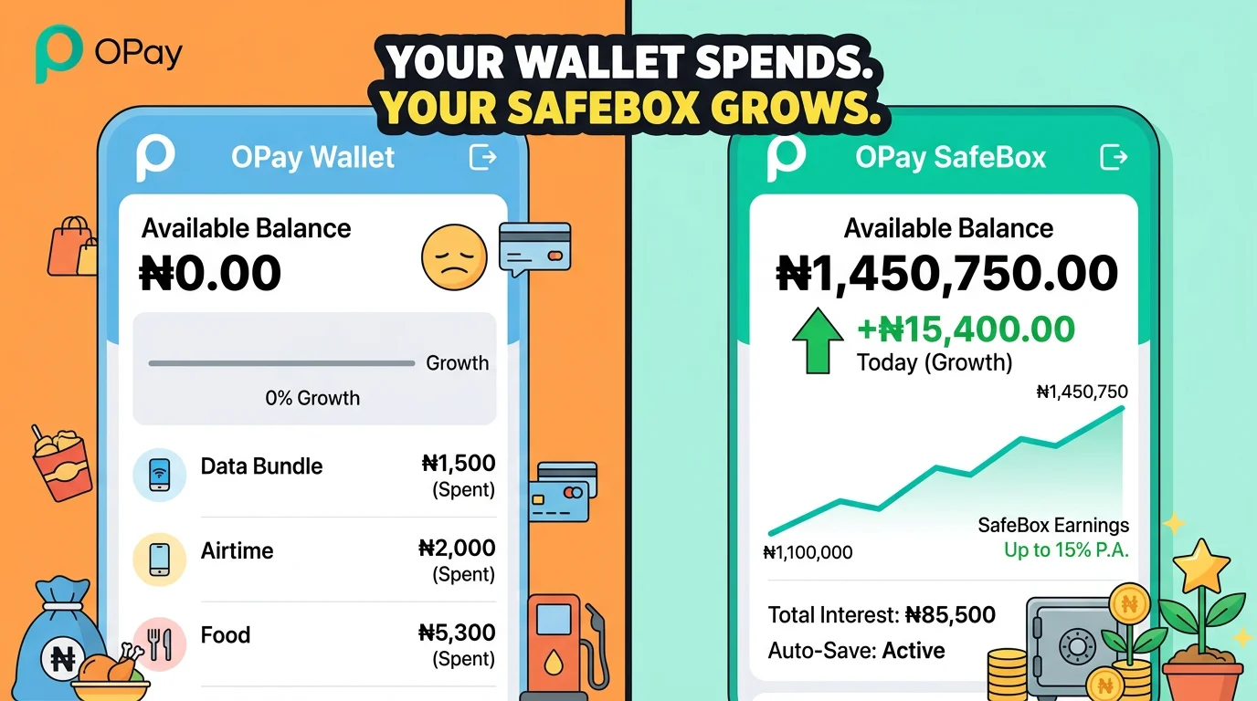 OPay SafeBox savings feature showing interest growth on OPay app Nigeria.