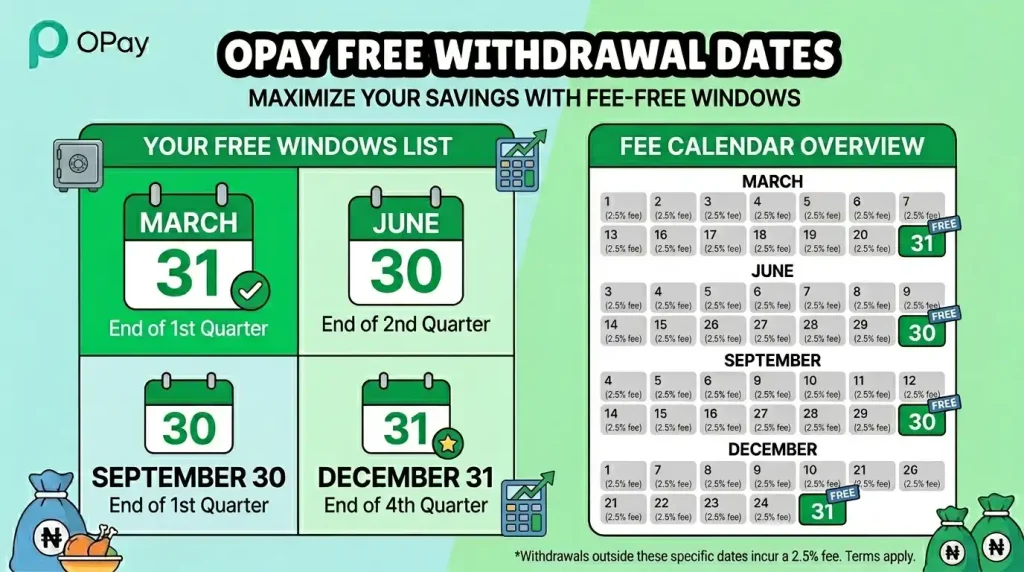 OPay SafeBox free withdrawal dates calendar Nigeria quarterly
